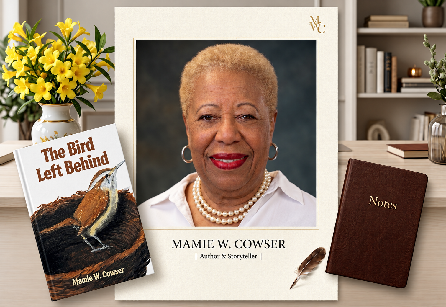 Mamie W. Cowser, author and storyteller, pictured with The Bird Left Behind